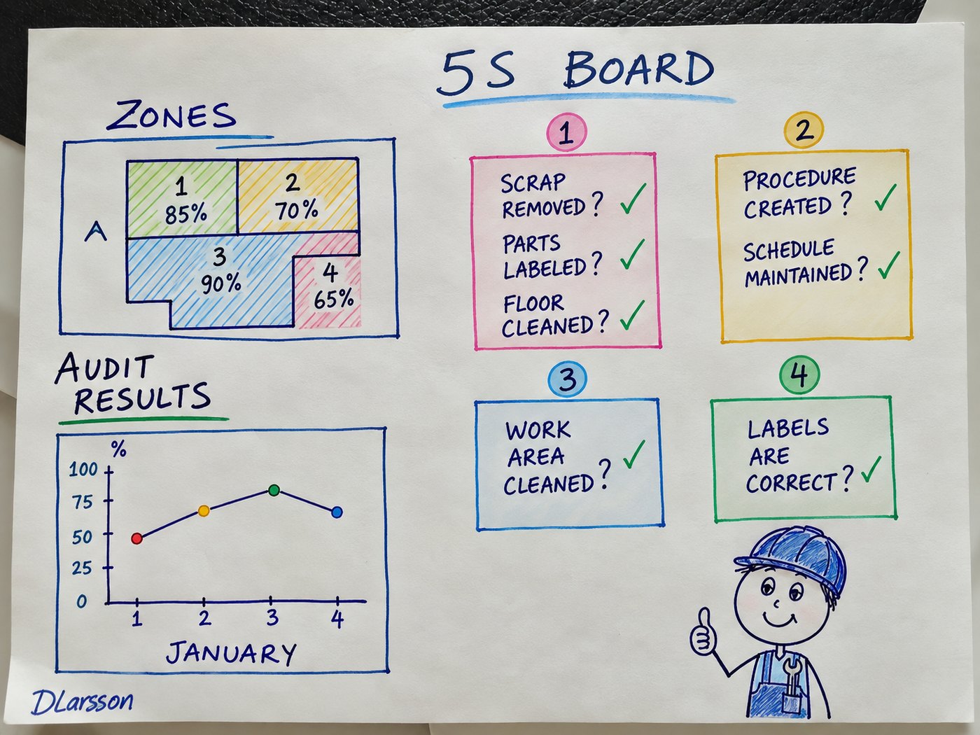 Hand-drawn 5S board: a zone map with audit scores per zone, an audit results chart for January, and four checklists covering scrap removed, parts labelled, floor cleaned, procedures created, schedule maintained, work area cleaned and labels correct.